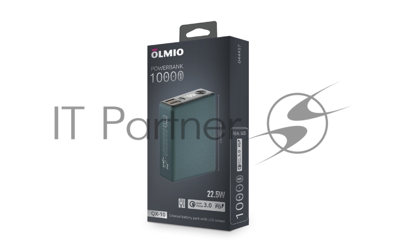 Внешний аккумулятор OLMIO QX-10, 10000mAh, 22.5W, QuickCharge3.0/PowerDelivery, LCD, темно-зеленый.