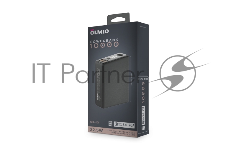 Внешний аккумулятор OLMIO QX-10, 10000mAh, 22.5W, QuickCharge3.0/PowerDelivery, LCD, графитовый.