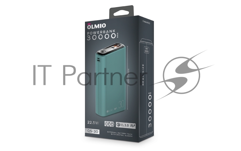 Внешний аккумулятор OLMIO QS-30, 30000mAh, 22.5W, QuickCharge3.0/PowerDelivery, LCD, темно-зеленый.