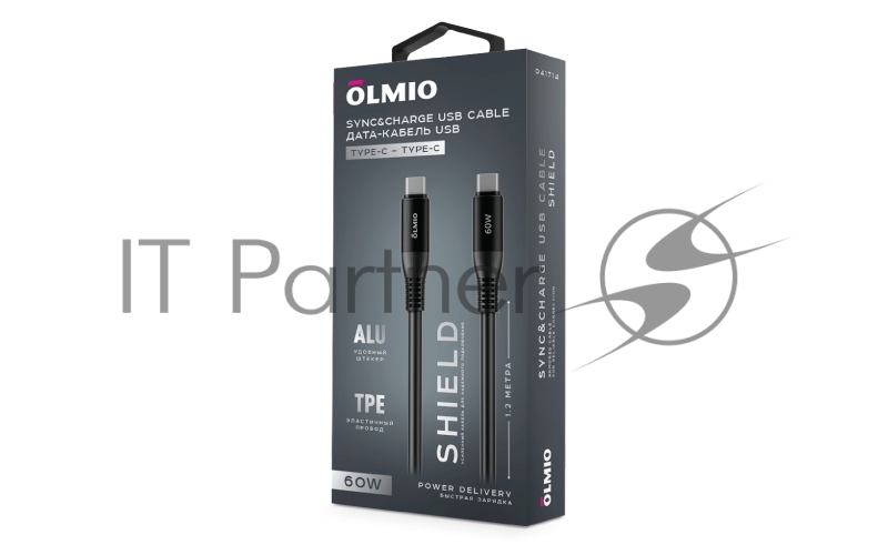 Кабель SHIELD, Type-C - Type-C, 60W 3A, 1.2м, черный, OLMIO