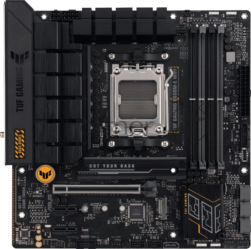 Материнская плата ASUS TUF GAMING B650M-E WIFI, AM5, AMD B650, 4xDDR5, 4xSATA, 2xM.2, 1xPCI-E 4.0 x16, 2xPCI-E x1, 2xDP, 1xHDMI, 1x 2.5Gb LAN, 1xUSB-A 3.2 Gen 2, 2xUSB-A 3.2 Gen 1, 4xUSB 2.0, 1xUSB-C 3.2 Gen 2, 3x3.5 мм, 7.1, Micro-ATX