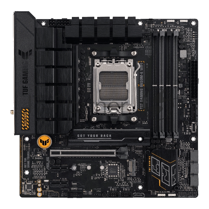 Материнская плата ASUS TUF GAMING B650M-E WIFI, AM5, AMD B650, 4xDDR5, 4xSATA, 2xM.2, 1xPCI-E 4.0 x16, 2xPCI-E x1, 2xDP, 1xHDMI, 1x 2.5Gb LAN, 1xUSB-A 3.2 Gen 2, 2xUSB-A 3.2 Gen 1, 4xUSB 2.0, 1xUSB-C 3.2 Gen 2, 3x3.5 мм, 7.1, Micro-ATX