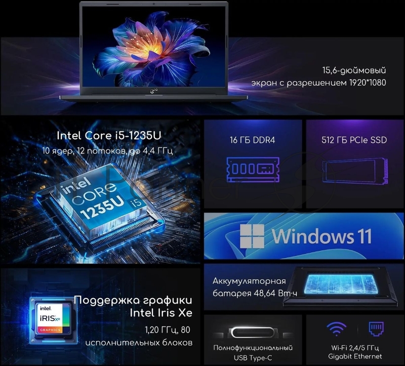 Ноутбук Acer Gadget ETBook Max Core i5 1235U 16Gb SSD512Gb Intel Iris Xe graphics 15.6 IPS FHD (1920x1080) Windows 11 Home grey WiFi BT Cam 6400mAh (1747359)