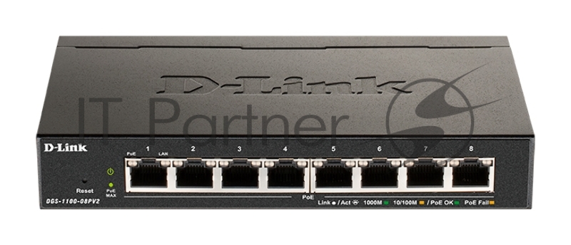 Настраиваемый L2 коммутатор D-Link DGS-1100-08PV2/A4A с 8 портами 10/100/1000Base-T (8 портов PoE 802.3af/at, PoE-бюджет 64 Вт)