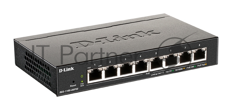 Настраиваемый L2 коммутатор D-Link DGS-1100-08PV2/A4A с 8 портами 10/100/1000Base-T (8 портов PoE 802.3af/at, PoE-бюджет 64 Вт)