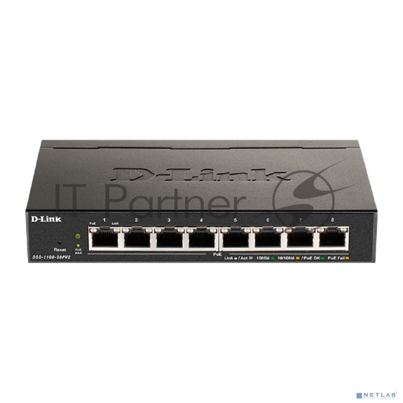 Настраиваемый L2 коммутатор D-Link DGS-1100-08PV2/A4A с 8 портами 10/100/1000Base-T (8 портов PoE 802.3af/at, PoE-бюджет 64 Вт)