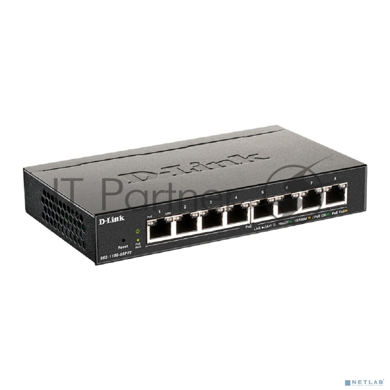 Настраиваемый L2 коммутатор D-Link DGS-1100-08PV2/A4A с 8 портами 10/100/1000Base-T (8 портов PoE 802.3af/at, PoE-бюджет 64 Вт)