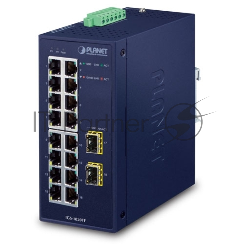 Коммутатор PLANET IGS-1820TF IP30 Industrial 16-Port 10/100/1000T + 2-Port 1000X SFP Gigabit Ethernet Switch (-40~75 degrees C, dual 12~48V DC/24V AC)