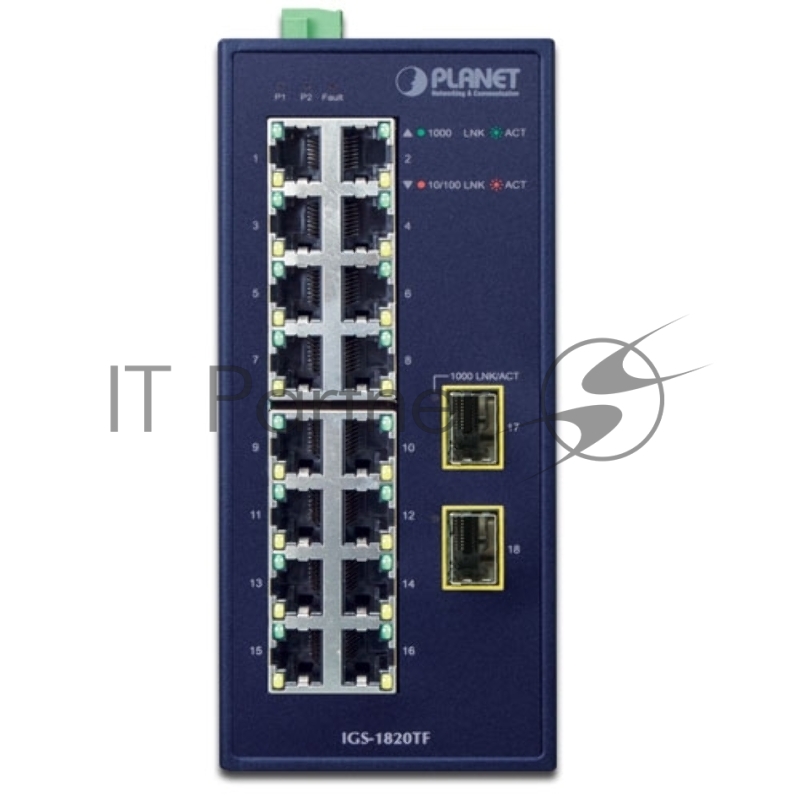 Коммутатор PLANET IGS-1820TF IP30 Industrial 16-Port 10/100/1000T + 2-Port 1000X SFP Gigabit Ethernet Switch (-40~75 degrees C, dual 12~48V DC/24V AC)