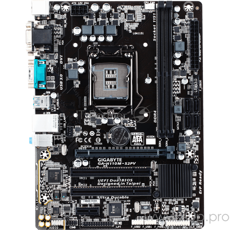 Мат. плата Socket1151 GIGABYTE GA-H110M-S2PV (iH110, 2xDDR4, SATA III, PCI-E, D-Sub, DVI, 1Гбит LAN, USB3.0, mATX)