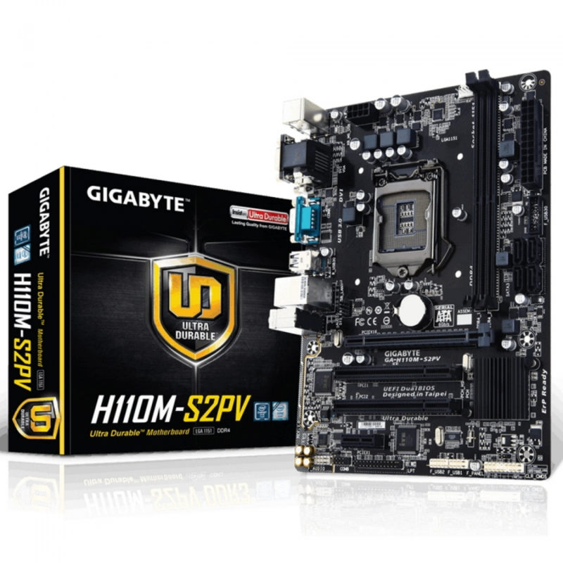 Мат. плата Socket1151 GIGABYTE GA-H110M-S2PV (iH110, 2xDDR4, SATA III, PCI-E, D-Sub, DVI, 1Гбит LAN, USB3.0, mATX)