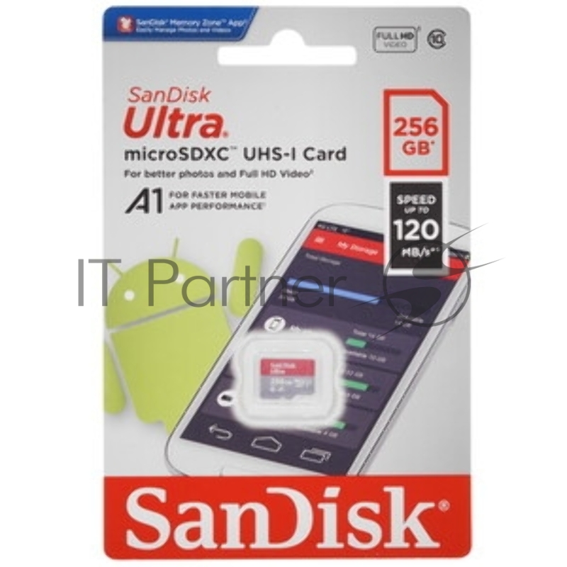 Флеш карта microSDXC 256GB SanDisk Ultra Class 10, UHS-I, R 150 МБ/с, <SDSQUAC-256G-GN6MA>
