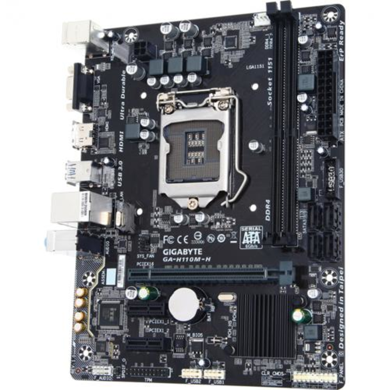 Мат. плата Socket1151 GIGABYTE GA-H110M-H (iH110, 2xDDR4, SATA III, PCI-E, D-Sub, HDMI, 1Гбит LAN, USB3.0, mATX)