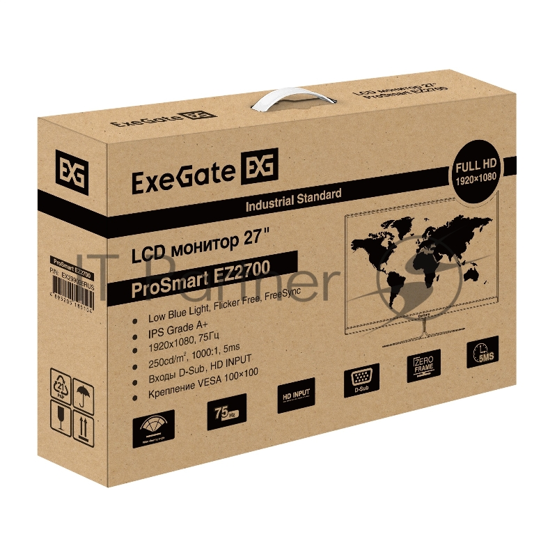 Монитор 27 ExeGate ProSmart EZ2700 (IPS LED Grade A+, FHD, 1920x1080@75Гц, 16:9, 250cd/m2, 1000:1, 178°/178°, 5ms, D-Sub, HDMI, Flicker-free, Low Blue Light, FreeSync, кабель HDMI 1.5м, VESA, регулировка наклона (tilt), черный)
