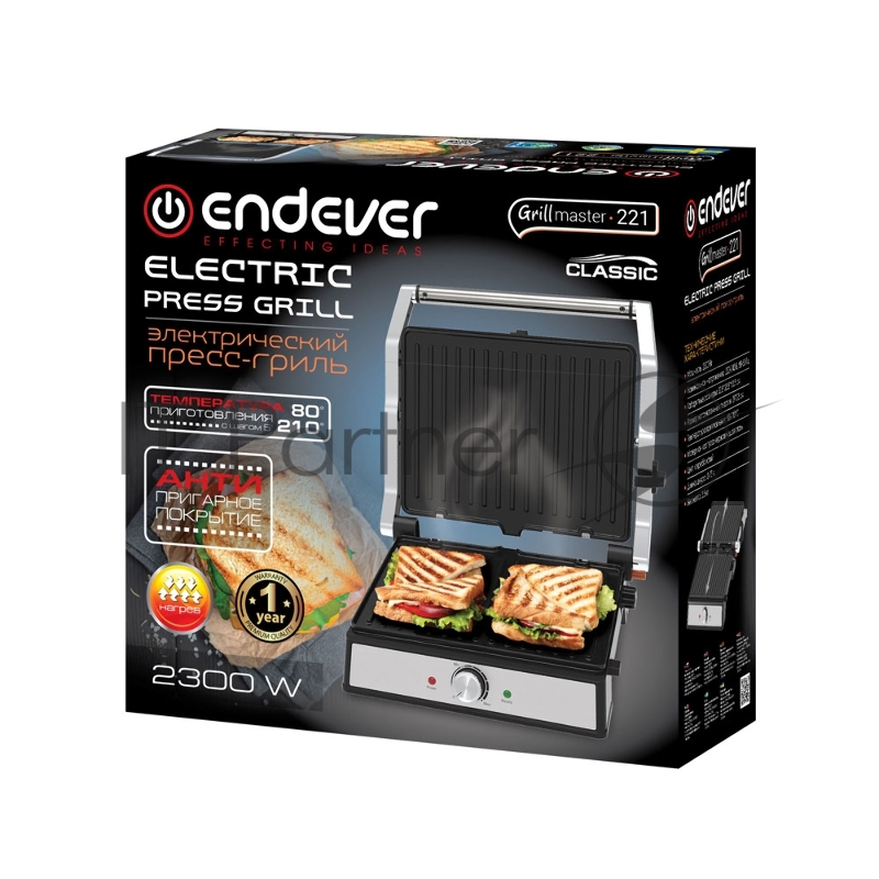 Электрический пресс-гриль ENDEVER Grillmaster-221, серебристый/черный, 2300 Вт, терморегулятор, размер пов-ти 29x23 см
