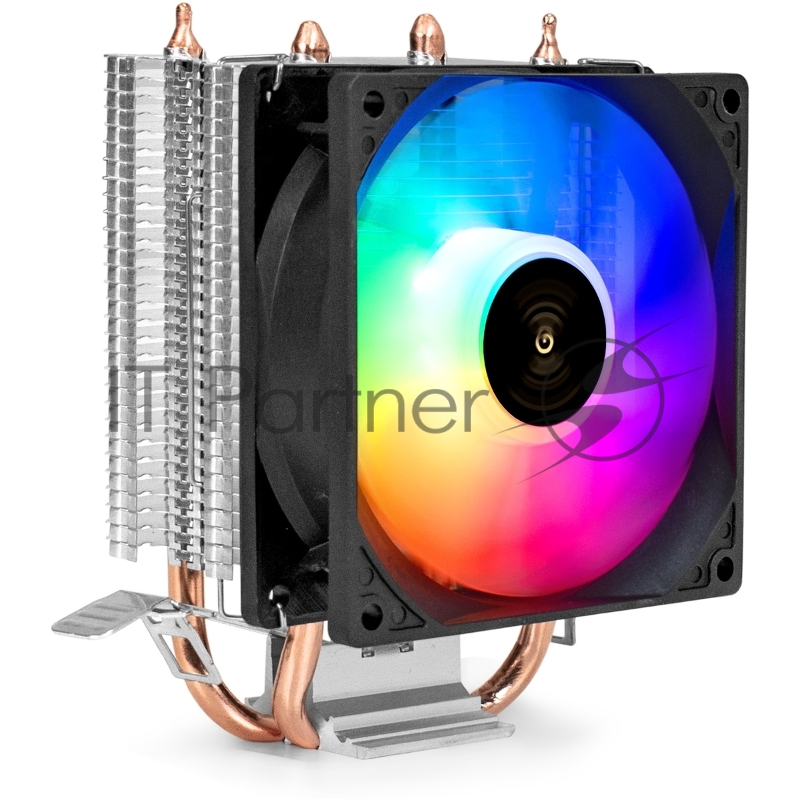 Кулер ExeGate Wizard EXX200-PWM.RGB (Al+Cu, 2 тепл.трубки, LGA775/1150/1151/1155/1156/120 TDP 95W, Fan 90mm, PWM, 800-2400RPM, Hydro bearing, 4pin, 11-24db, 305г, RGB подсветка, с термопастой,