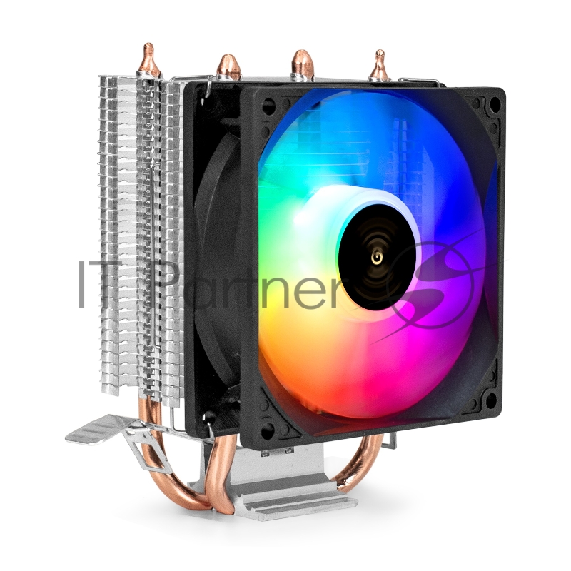 Кулер ExeGate Wizard EXX200-PWM.RGB (Al+Cu, 2 тепл.трубки, LGA775/1150/1151/1155/1156/120 TDP 95W, Fan 90mm, PWM, 800-2400RPM, Hydro bearing, 4pin, 11-24db, 305г, RGB подсветка, с термопастой,