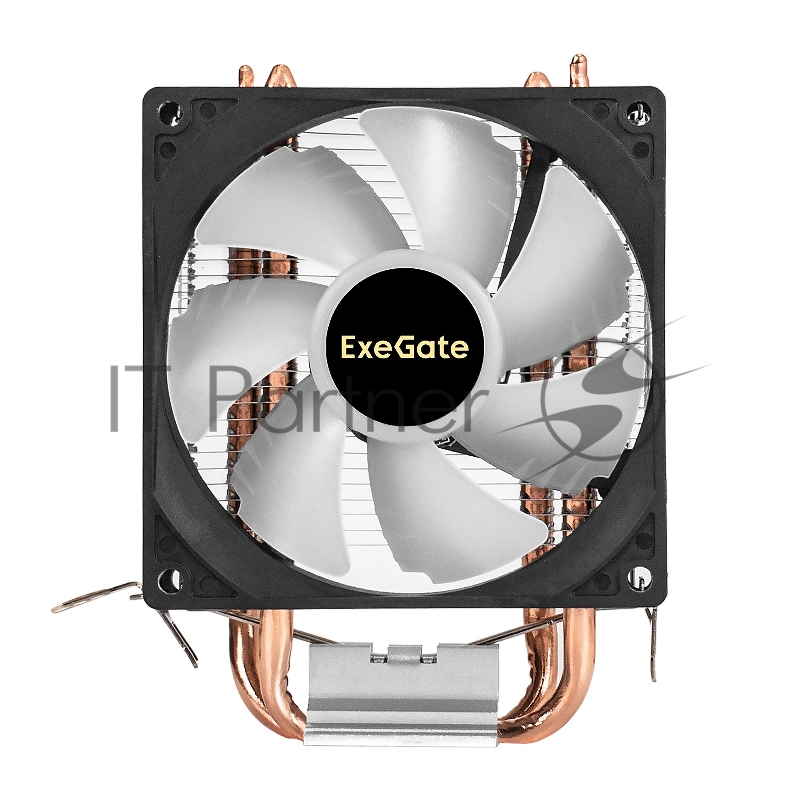 Кулер ExeGate Wizard EXX200-PWM.RGB (Al+Cu, 2 тепл.трубки, LGA775/1150/1151/1155/1156/120 TDP 95W, Fan 90mm, PWM, 800-2400RPM, Hydro bearing, 4pin, 11-24db, 305г, RGB подсветка, с термопастой,
