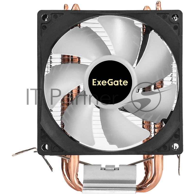 Кулер ExeGate Wizard EXX200-PWM.RGB (Al+Cu, 2 тепл.трубки, LGA775/1150/1151/1155/1156/120 TDP 95W, Fan 90mm, PWM, 800-2400RPM, Hydro bearing, 4pin, 11-24db, 305г, RGB подсветка, с термопастой,