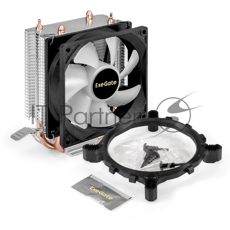 Кулер ExeGate Wizard EXX200-PWM.RGB (Al+Cu, 2 тепл.трубки, LGA775/1150/1151/1155/1156/120 TDP 95W, Fan 90mm, PWM, 800-2400RPM, Hydro bearing, 4pin, 11-24db, 305г, RGB подсветка, с термопастой,