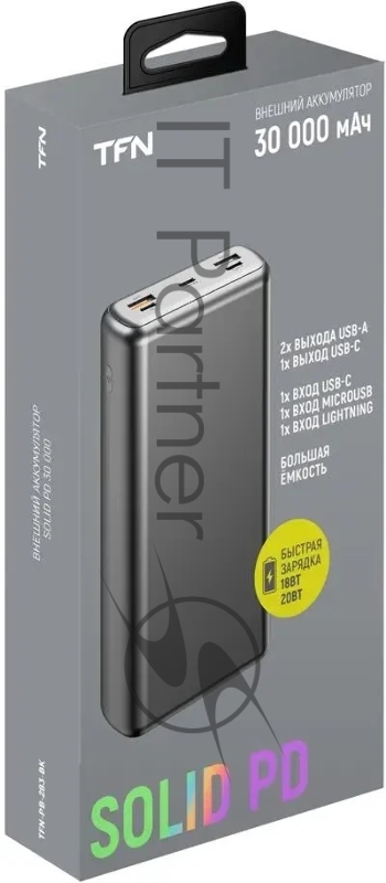 Мобильный аккумулятор TFN Solid PB-283 30000mAh QC/PD 20W 3A 3xUSB-A/USB-C черный (TFN-PB-283-BK)