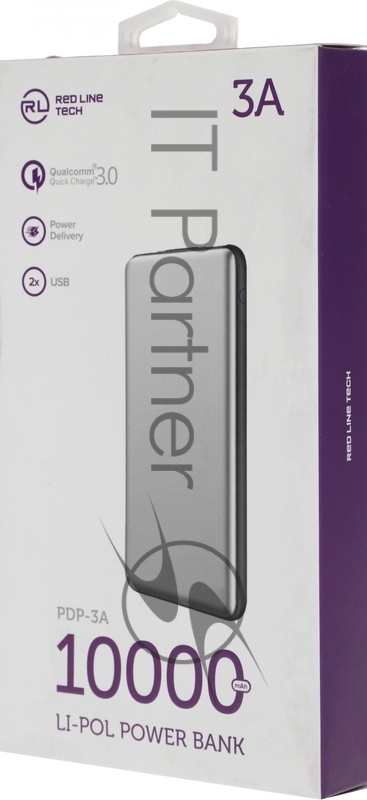 Мобильный аккумулятор Redline PDP-3A 10000mAh 3A 2xUSB-A/USB-C серебристый (УТ000018984)