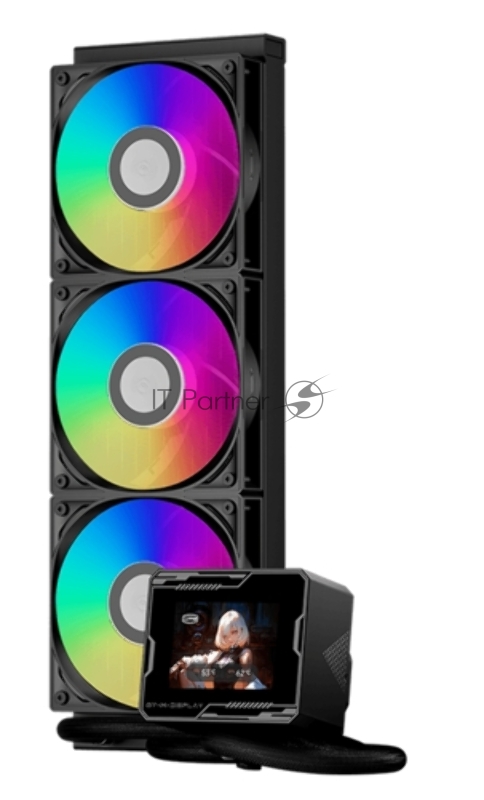 Система охлаждения/ Water Cooling System PCCooler GT360M ARGB Display BK (300W, 360mm, LED temp., Black, ARGB/ Fans: 3x120mm, 75.8CFM, 33.7dBA, 2200RPM/ Pump height 85mm, 15dBA, 2600RPM, Rad thickness 27mm/ S: 1851, 1700, 1200, 115X, AM5, AM4)