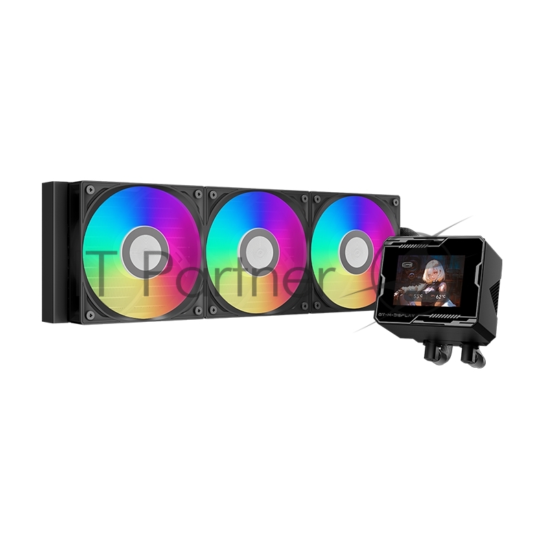 Система охлаждения/ Water Cooling System PCCooler GT360M ARGB Display BK (300W, 360mm, LED temp., Black, ARGB/ Fans: 3x120mm, 75.8CFM, 33.7dBA, 2200RPM/ Pump height 85mm, 15dBA, 2600RPM, Rad thickness 27mm/ S: 1851, 1700, 1200, 115X, AM5, AM4)