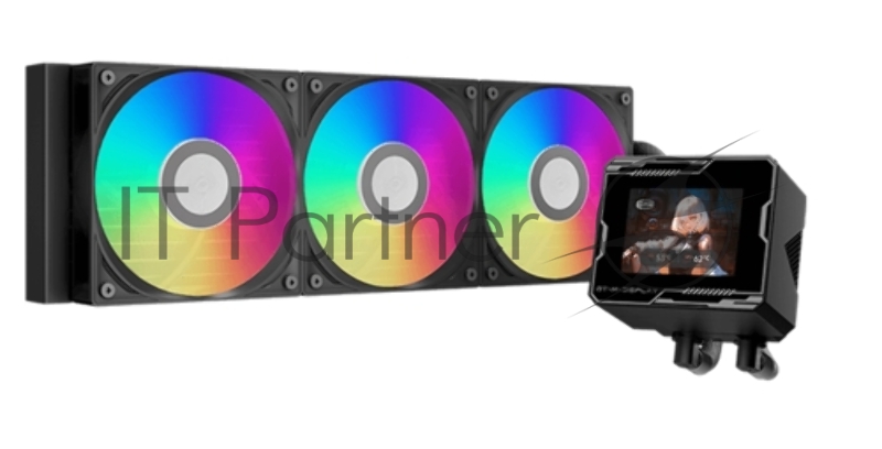 Система охлаждения/ Water Cooling System PCCooler GT360M ARGB Display BK (300W, 360mm, LED temp., Black, ARGB/ Fans: 3x120mm, 75.8CFM, 33.7dBA, 2200RPM/ Pump height 85mm, 15dBA, 2600RPM, Rad thickness 27mm/ S: 1851, 1700, 1200, 115X, AM5, AM4)