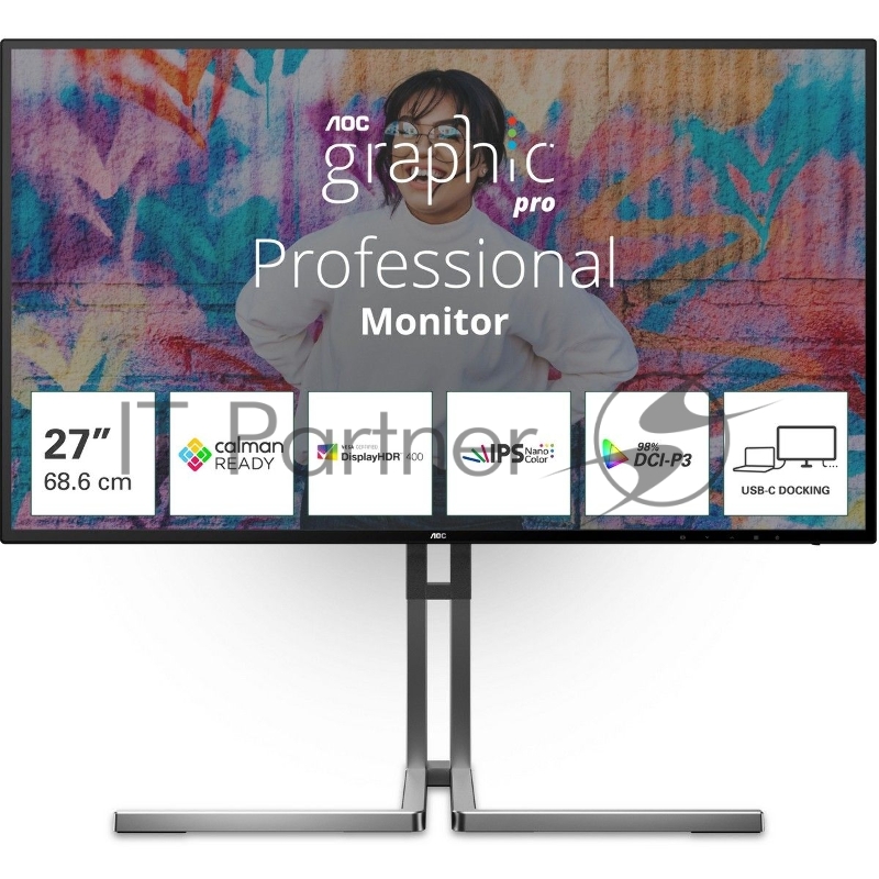 Монитор 27 AOC U27U3CV Black (4K, Nano IPS, 3840x2160, 60Hz, 4 ms, 178°/178°, 400 cd/m, 1300:1 50M:1,2xHDMI 2.0, +DisplayPort 1.4, DP Out, 4 x USB3.2 type A Gen2, USB-C Docking (96Вт), LAN, SPK, Pivot)