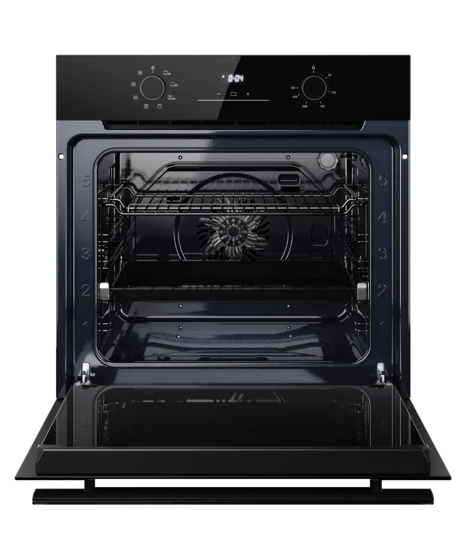 Духовой шкаф Kuppersberg HO 608 BB Glass, High-Tech, 78 л, поворотное управление, дисплей, таймер, 8 режимов, макс. температура 310 градусов, телескопические направляющие (на 1 уровень), цвет черный, цвет фурнитуры черный