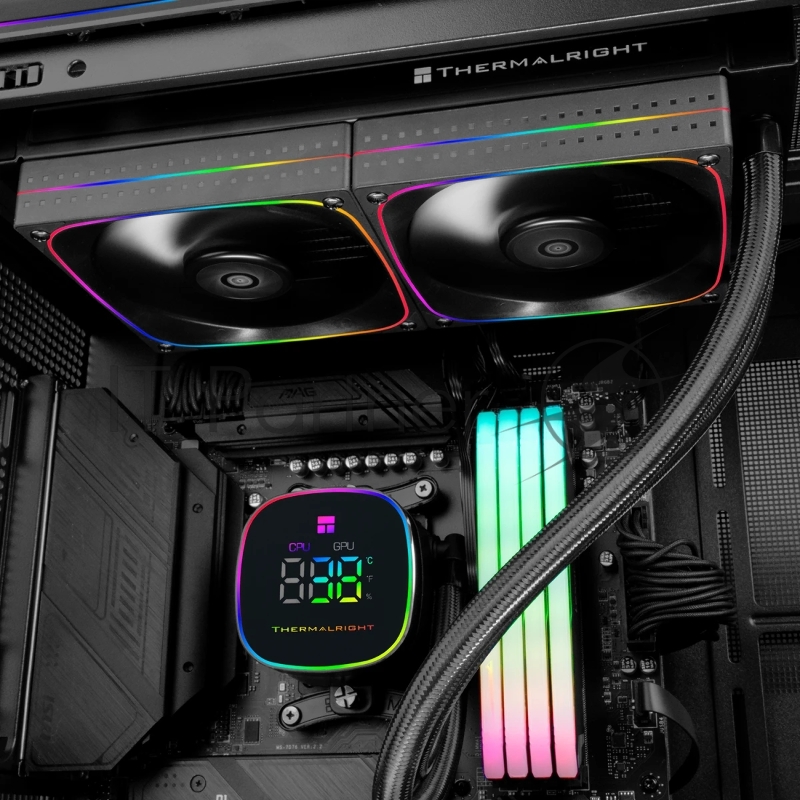 Система жидкостного охлаждения Thermalright Frozen Horizon 240 Digital (240mm, LED temp., Black, ARGB/ Fans: 2x120mm, 68.9CFM, 28.2dBA, 2000RPM/ Pump height 53.2mm, Rad thickness 27mm/ S: 1700, 1200, 1851, 115X, AM5, AM4)