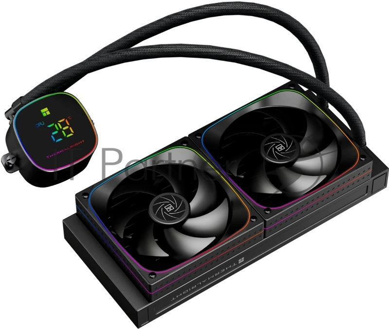Система жидкостного охлаждения Thermalright Frozen Horizon 240 Digital (240mm, LED temp., Black, ARGB/ Fans: 2x120mm, 68.9CFM, 28.2dBA, 2000RPM/ Pump height 53.2mm, Rad thickness 27mm/ S: 1700, 1200, 1851, 115X, AM5, AM4)