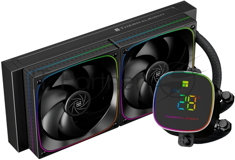 Система жидкостного охлаждения Thermalright Frozen Horizon 240 Digital (240mm, LED temp., Black, ARGB/ Fans: 2x120mm, 68.9CFM, 28.2dBA, 2000RPM/ Pump height 53.2mm, Rad thickness 27mm/ S: 1700, 1200, 1851, 115X, AM5, AM4)