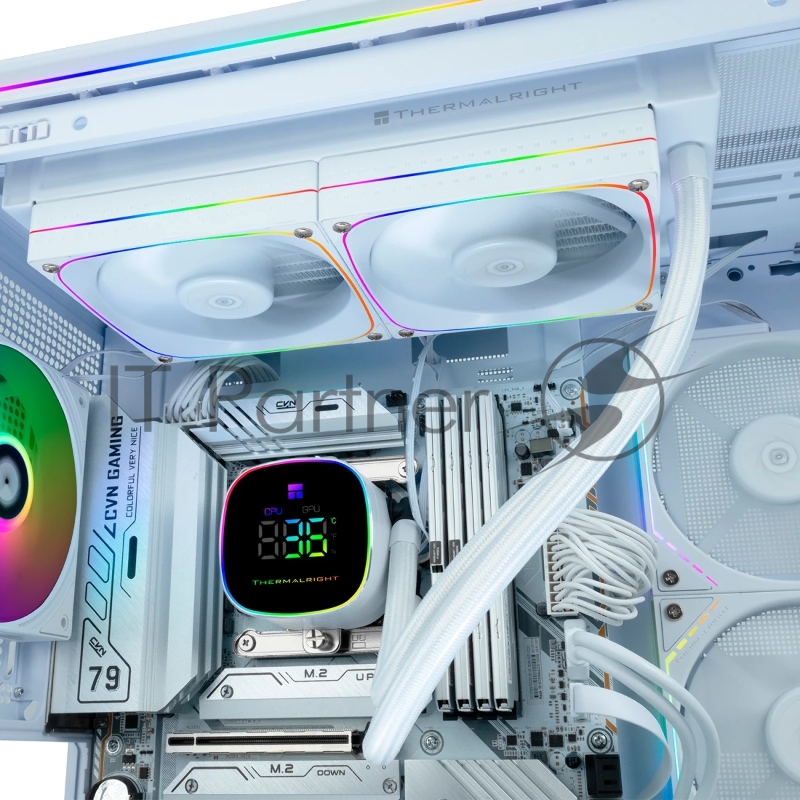 Система жидкостного охлаждения Thermalright Frozen Horizon 240 Digital (240mm, LED temp., White, ARGB/ Fans: 2x120mm, 68.9CFM, 28.2dBA, 2000RPM/ Pump height 53.2mm, Rad thickness 27mm/ S: 1700, 1200, 1851, 115X, AM5, AM4)