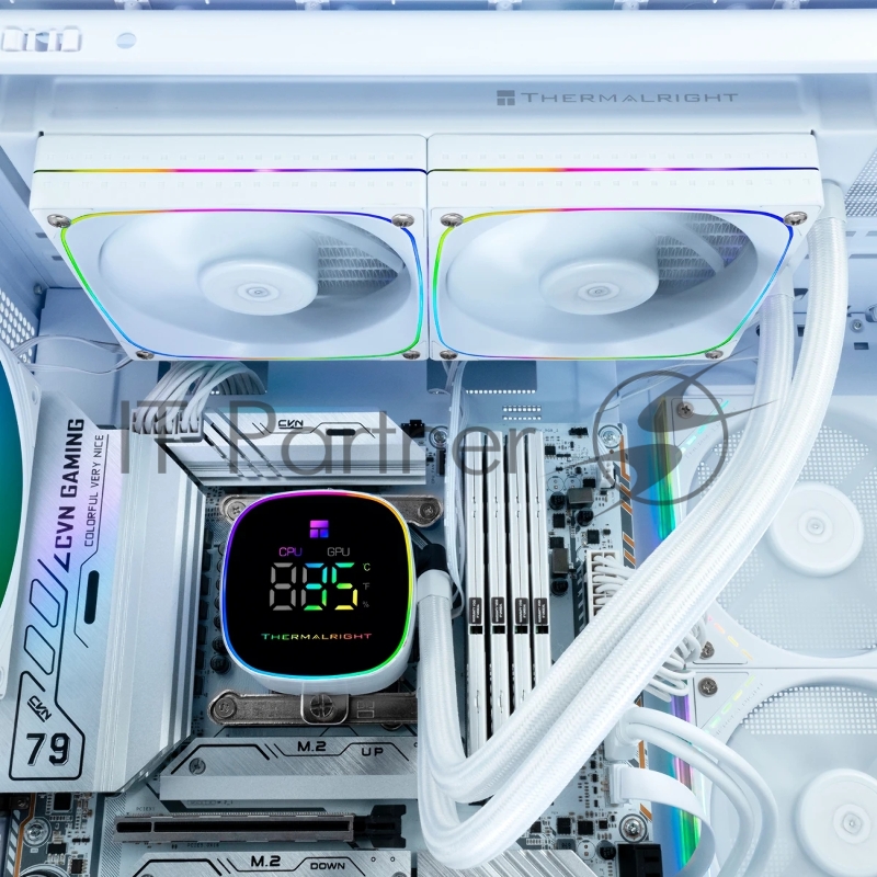 Система жидкостного охлаждения Thermalright Frozen Horizon 240 Digital (240mm, LED temp., White, ARGB/ Fans: 2x120mm, 68.9CFM, 28.2dBA, 2000RPM/ Pump height 53.2mm, Rad thickness 27mm/ S: 1700, 1200, 1851, 115X, AM5, AM4)