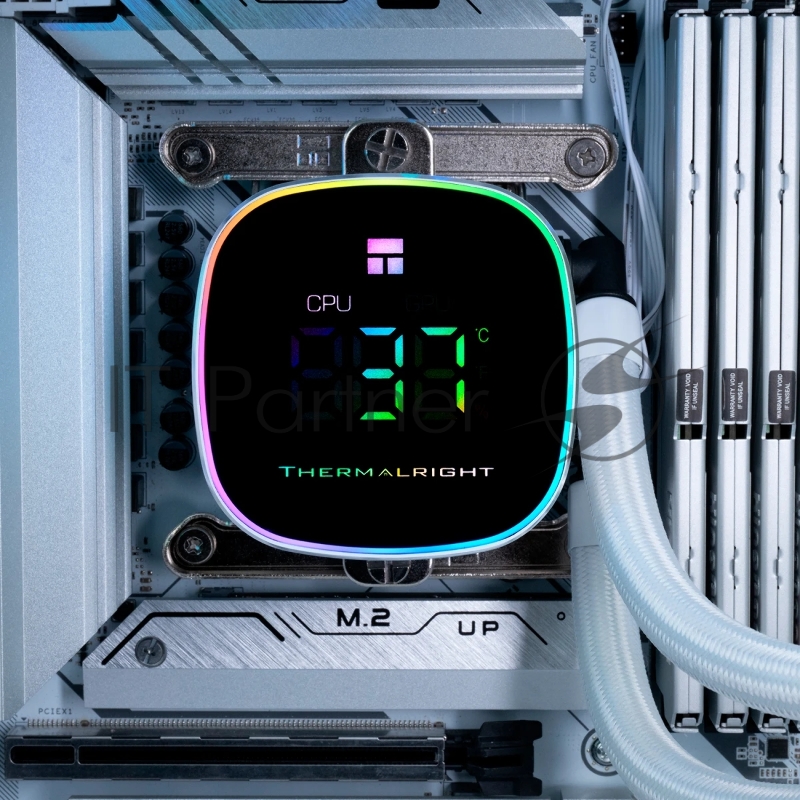 Система жидкостного охлаждения Thermalright Frozen Horizon 240 Digital (240mm, LED temp., White, ARGB/ Fans: 2x120mm, 68.9CFM, 28.2dBA, 2000RPM/ Pump height 53.2mm, Rad thickness 27mm/ S: 1700, 1200, 1851, 115X, AM5, AM4)