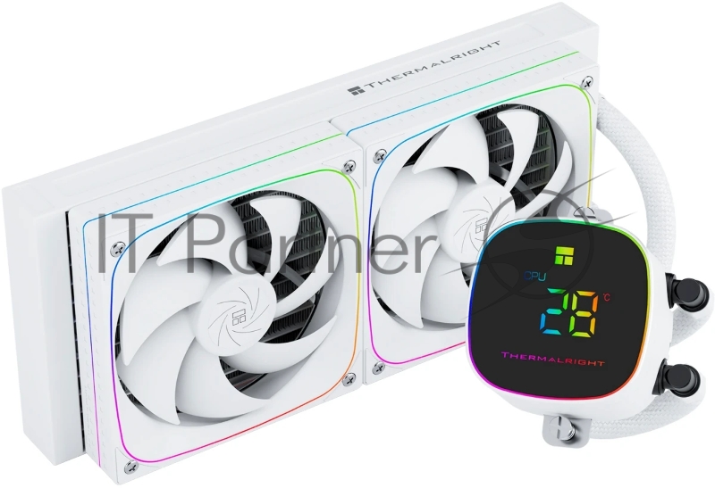 Система жидкостного охлаждения Thermalright Frozen Horizon 240 Digital (240mm, LED temp., White, ARGB/ Fans: 2x120mm, 68.9CFM, 28.2dBA, 2000RPM/ Pump height 53.2mm, Rad thickness 27mm/ S: 1700, 1200, 1851, 115X, AM5, AM4)