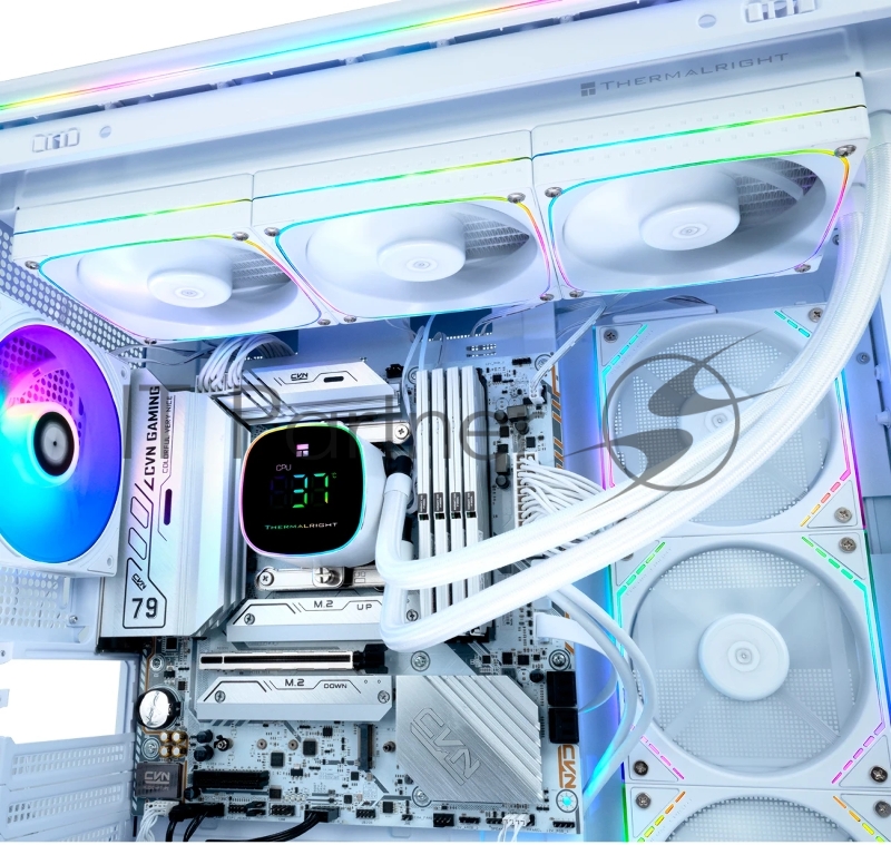 Система жидкостного охлаждения Thermalright Frozen Horizon 360 Digital (360mm, LED temp., White, ARGB/ Fans: 3x120mm, 68.9CFM, 28.2dBA, 2000RPM/ Pump height 53.2mm, Rad thickness 27mm/ S: 1700, 1200, 1851, 115X, AM5, AM4)