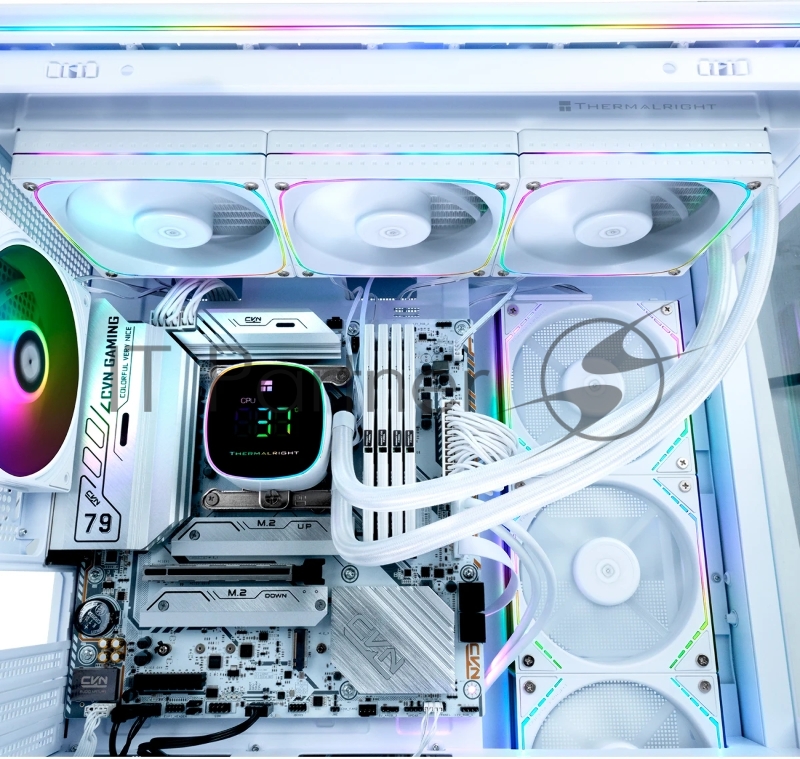 Система жидкостного охлаждения Thermalright Frozen Horizon 360 Digital (360mm, LED temp., White, ARGB/ Fans: 3x120mm, 68.9CFM, 28.2dBA, 2000RPM/ Pump height 53.2mm, Rad thickness 27mm/ S: 1700, 1200, 1851, 115X, AM5, AM4)