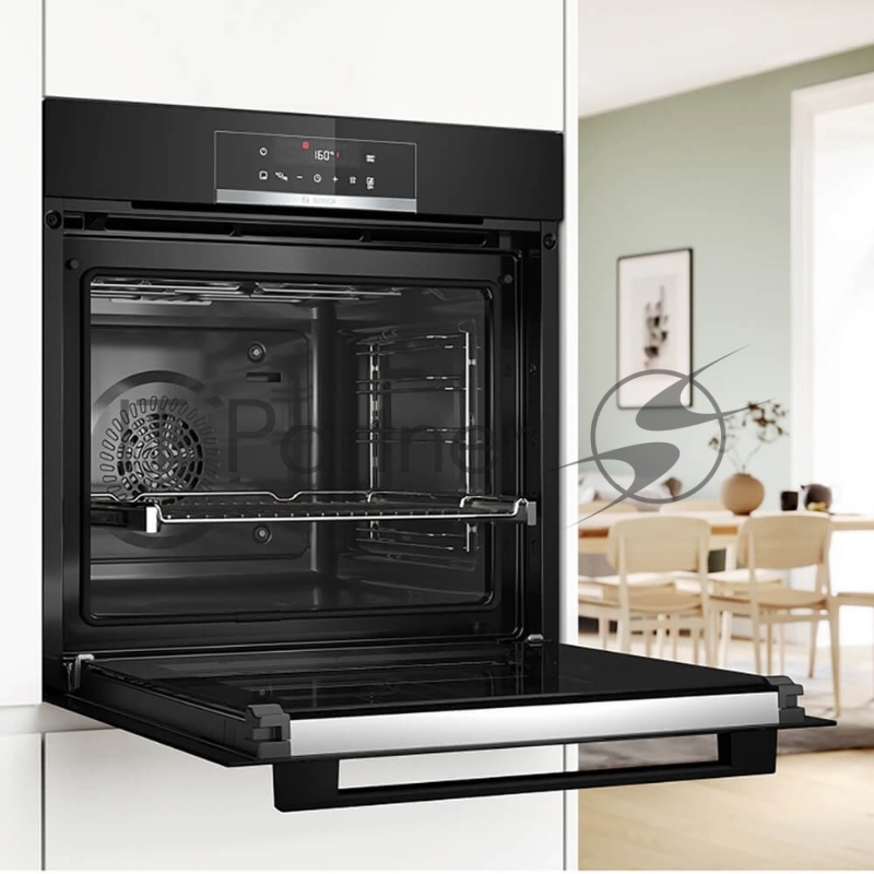 Встраиваемый духовой шкаф с добавлением пара Bosch HQG572EB3 Serie 4, Auto Pilot 15, объем 71 л , 9 режимов нагрева, 3D Hotair, Soft move door,телескопические направляющие 1уровень,гидролиз и пиролиз, сенсорное управление,цвет черный+профиль из нержа