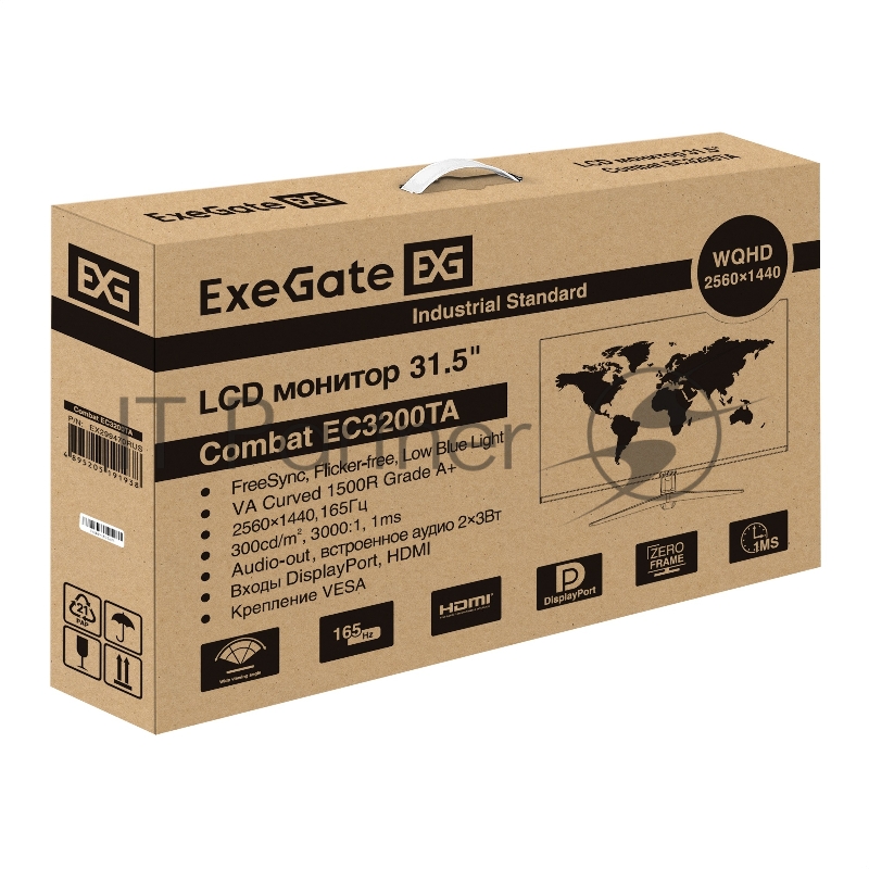Монитор ExeGate Combat EC3200TA изогнутый игровой с аудио 31.5 WQHD 165 Гц (VA Curved R1500 LED Grade A+, 2K, 2560x1440@165Гц (WQHD), 16:9, 300cd/m2, 3500:1, 178°/178°, 1ms, HDMI2.0, 2xDisplayPort, audio-out, Speakers, RGB-подсветка, Flicker-free, Fr