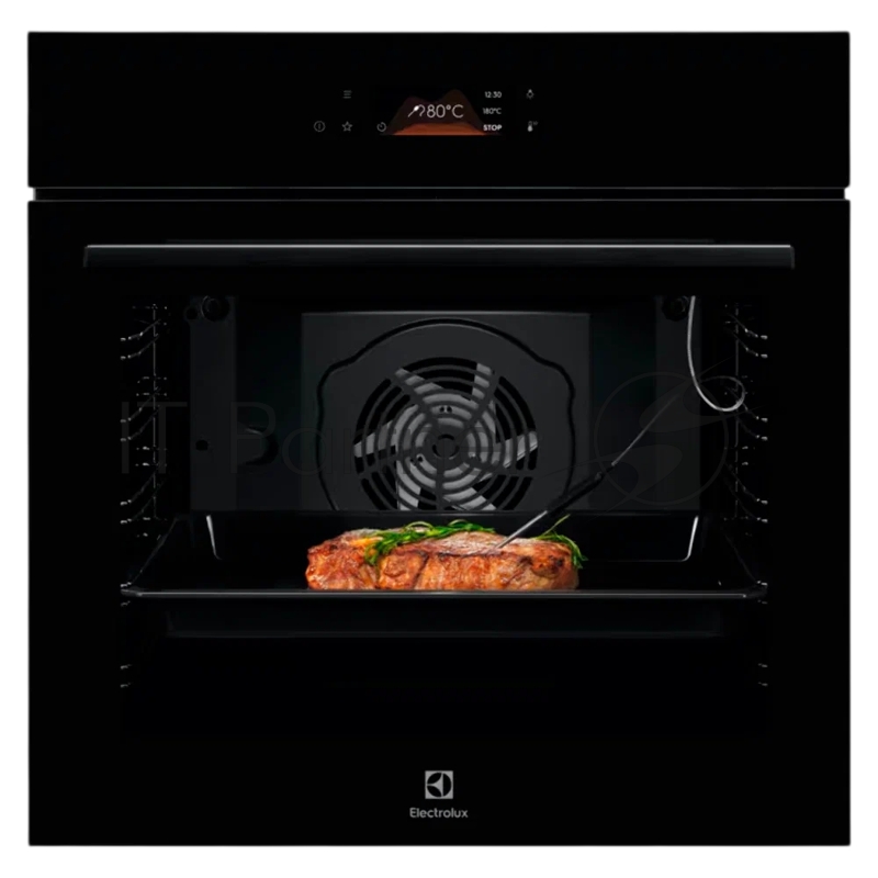 Электрический духовой шкаф Electrolux LOE8H39Z с конвекцией, объем 72 л, 17 режимов, очистка паровая, 3 стекла в дверце, направляющие проволочные + телескопические (1 уровень),черное стекло,термозонд