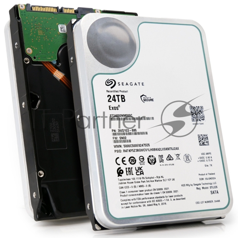 Жесткий диск HDD Seagate SATA3 24Tb Exos X24 7200 512Mb OFFICIAL RECERTIFIED 1 year warranty (replacement ST24000NM002H, MG11ACA24TE, WUH722424ALE6L4, WUH722222ALE6L4)