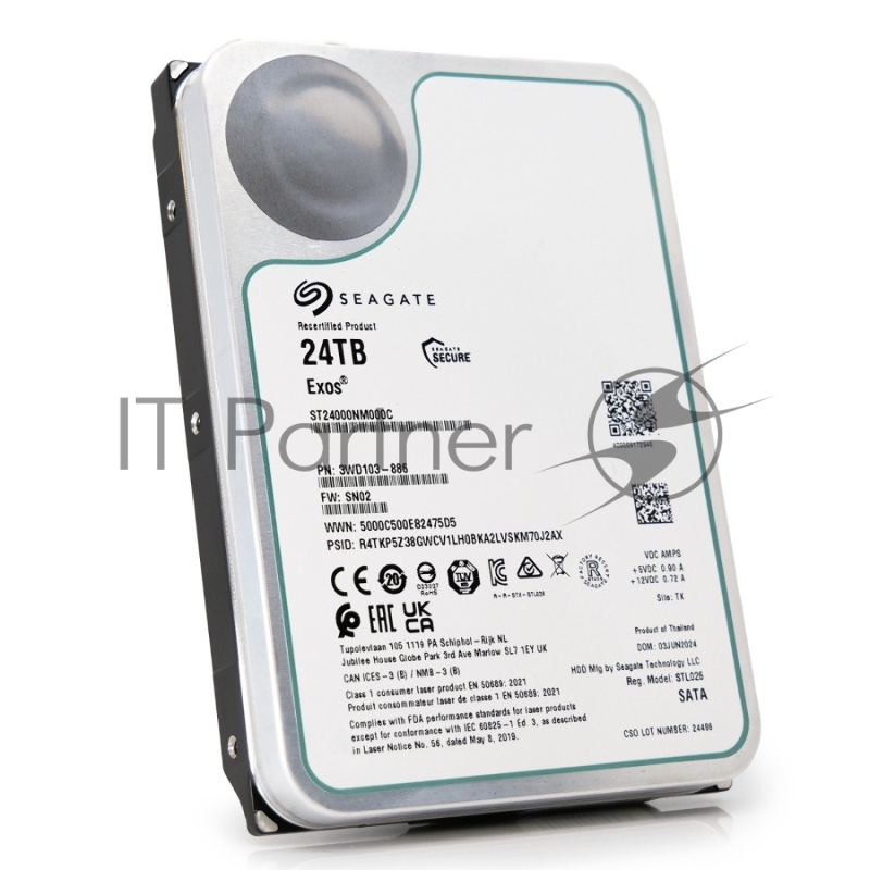 Жесткий диск HDD Seagate SATA3 24Tb Exos X24 7200 512Mb OFFICIAL RECERTIFIED 1 year warranty (replacement ST24000NM002H, MG11ACA24TE, WUH722424ALE6L4, WUH722222ALE6L4)