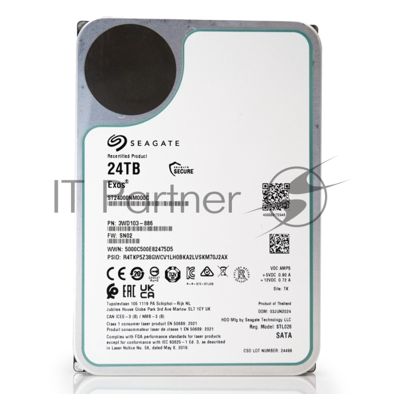 Жесткий диск HDD Seagate SATA3 24Tb Exos X24 7200 512Mb OFFICIAL RECERTIFIED 1 year warranty (replacement ST24000NM002H, MG11ACA24TE, WUH722424ALE6L4, WUH722222ALE6L4)
