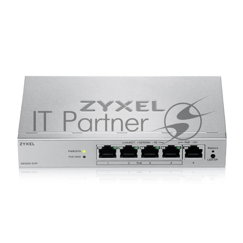 Коммутатор ZYXEL Web-managed Gigabit PoE Switch Zyxel GS1200-5HPv3, 5xRJ-45: 1G (4xPoE+), 68W PoE budget, desktop, fanless