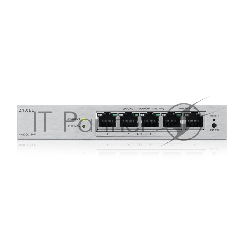 Коммутатор ZYXEL Web-managed Gigabit PoE Switch Zyxel GS1200-5HPv3, 5xRJ-45: 1G (4xPoE+), 68W PoE budget, desktop, fanless