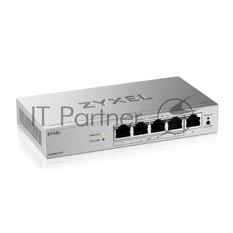 Коммутатор ZYXEL Web-managed Gigabit PoE Switch Zyxel GS1200-5HPv3, 5xRJ-45: 1G (4xPoE+), 68W PoE budget, desktop, fanless