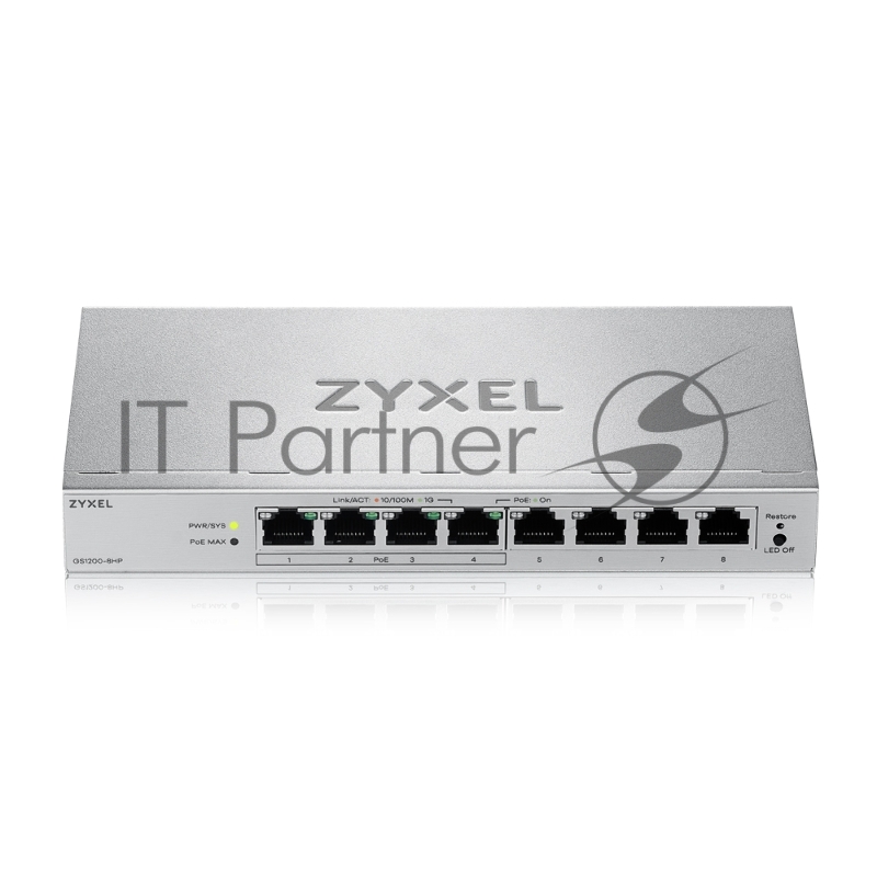 Коммутатор ZYXEL Web-managed Gigabit PoE Switch Zyxel GS1200-8HPv3, 8xRJ-45: 1G (4xPoE+), 68W PoE budget, desktop, fanless